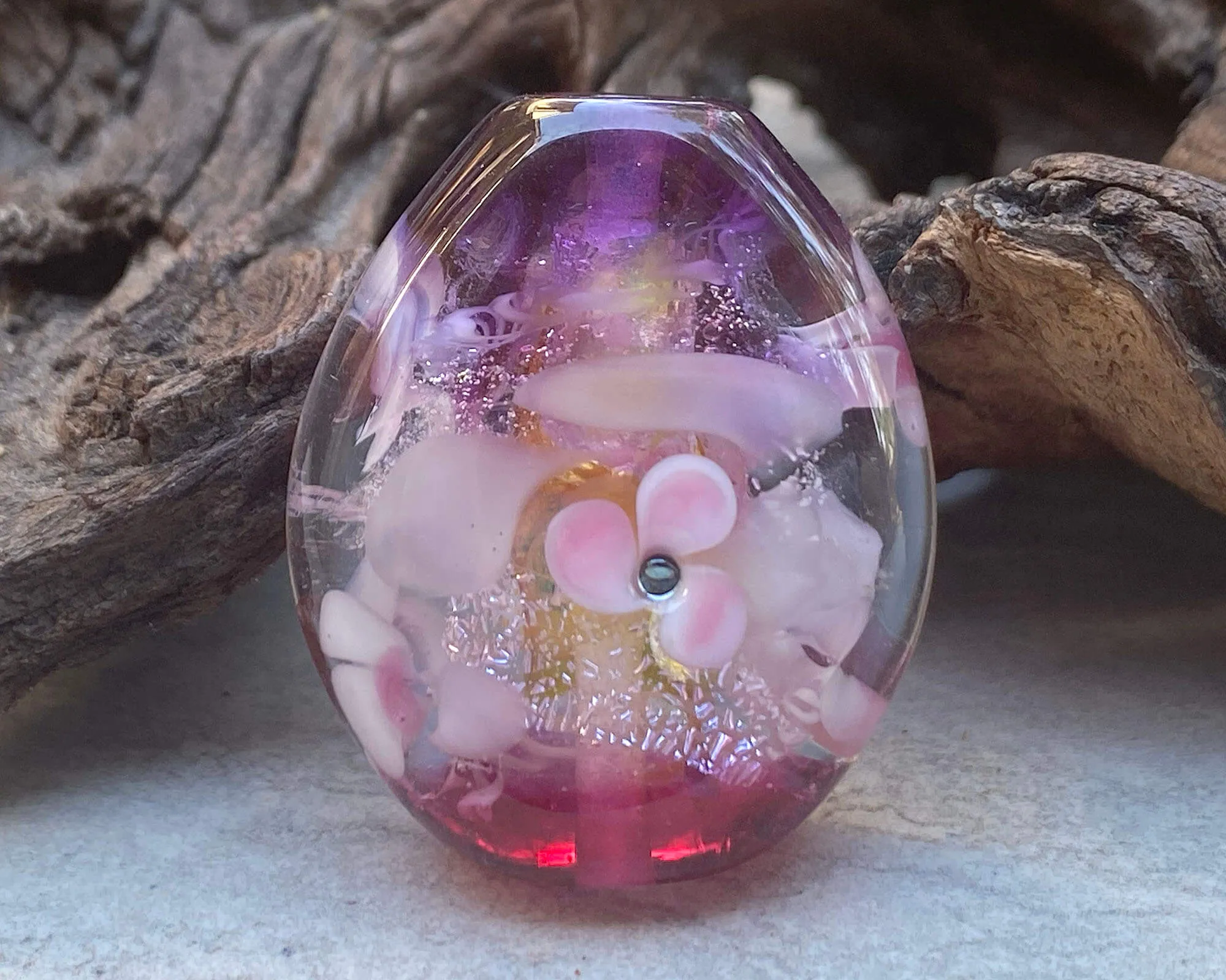 Pink Floral Dichroic Lampwork Focal Bead SRA