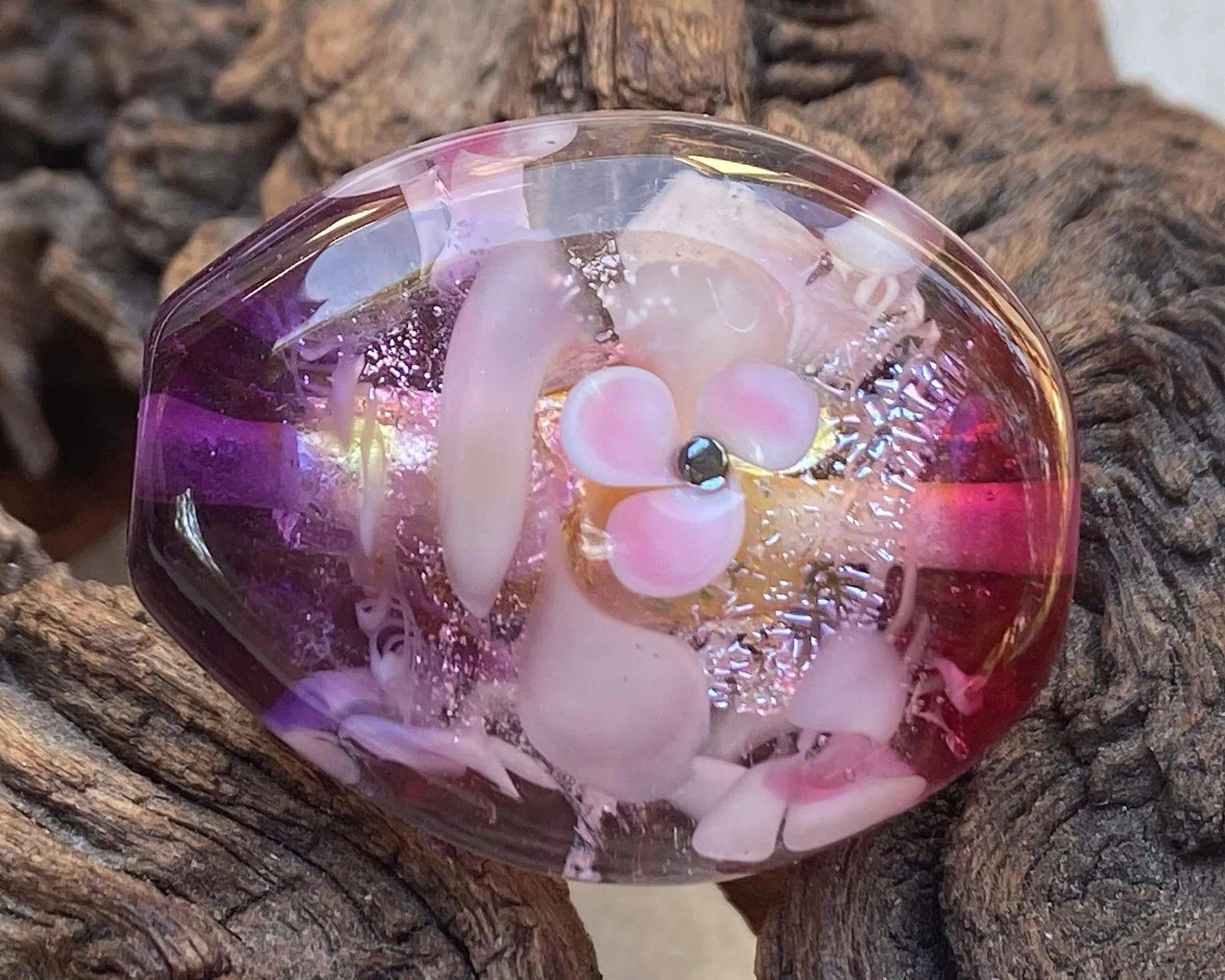 Pink Floral Dichroic Lampwork Focal Bead SRA