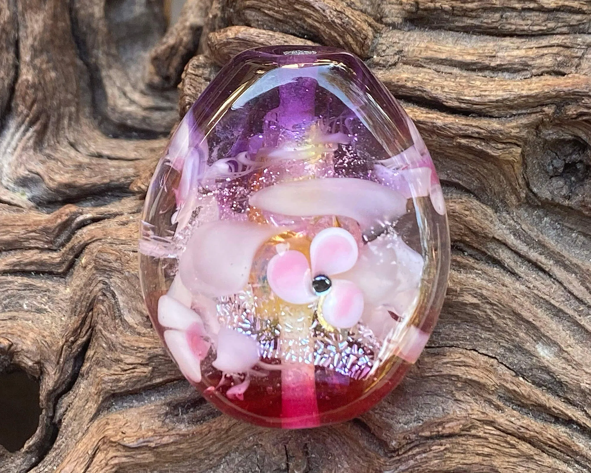 Pink Floral Dichroic Lampwork Focal Bead SRA