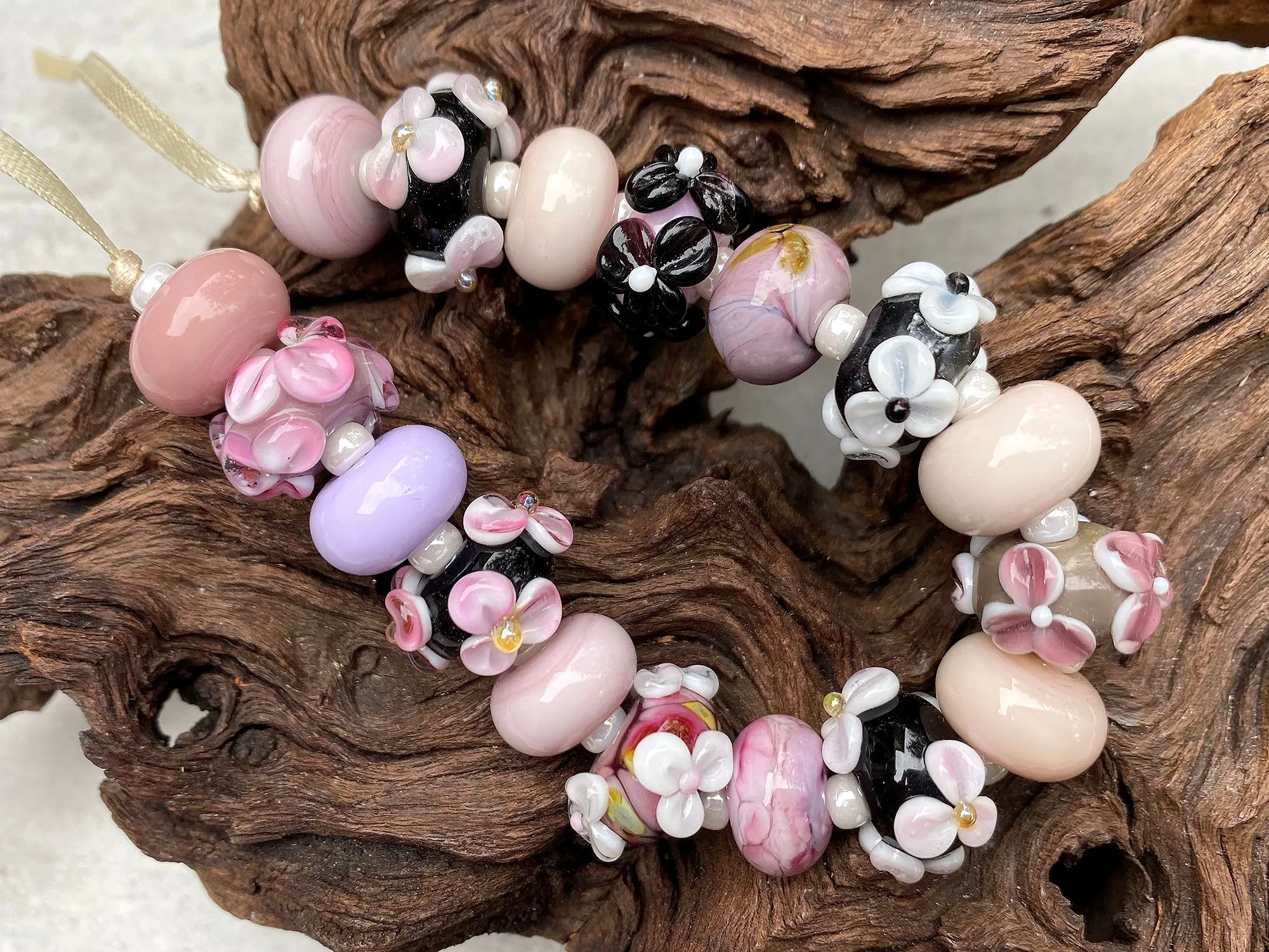 Pink Floral Lampwork Beads Set SRA