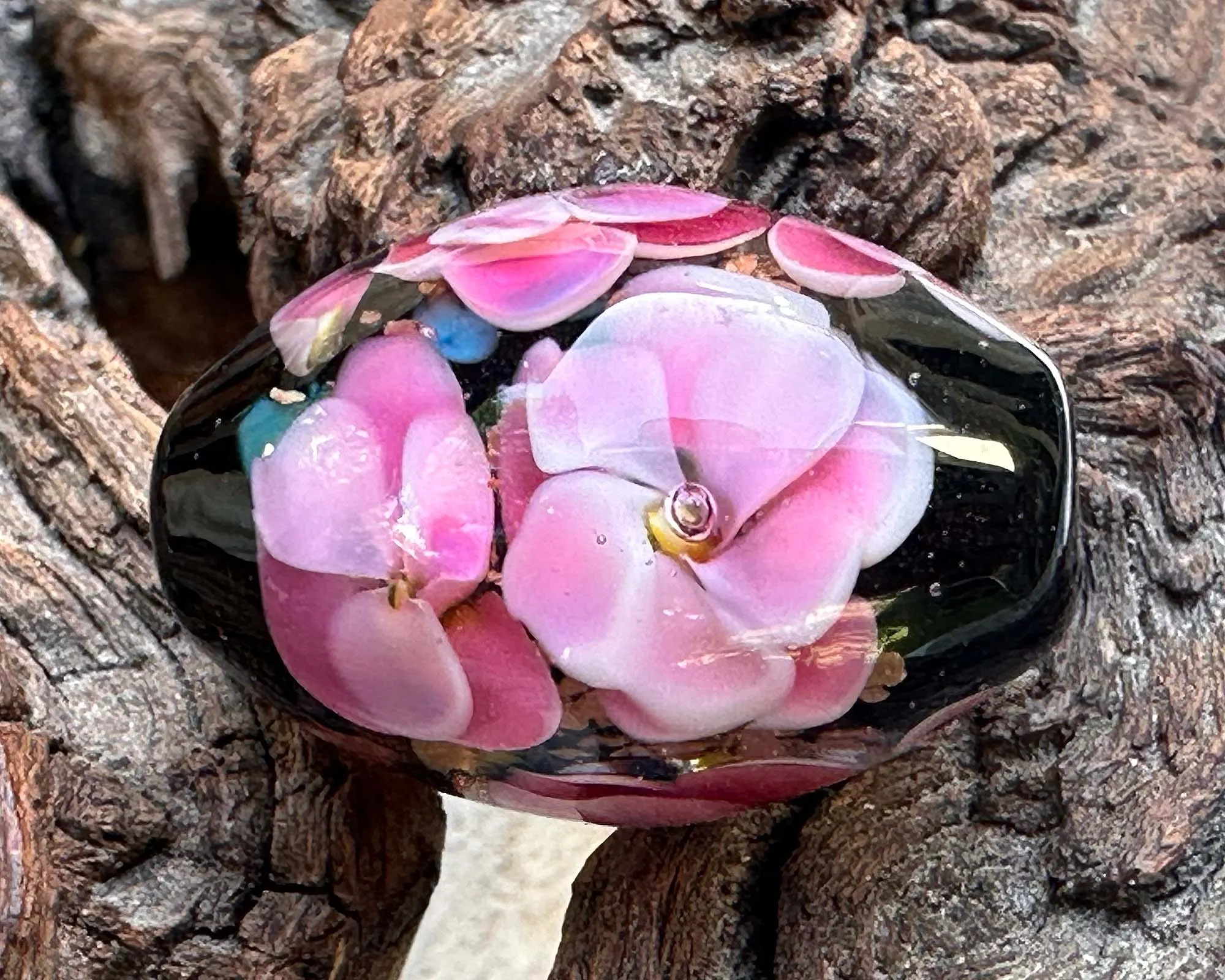 Pink Floral Mica Lampwork Focal Bead SRA