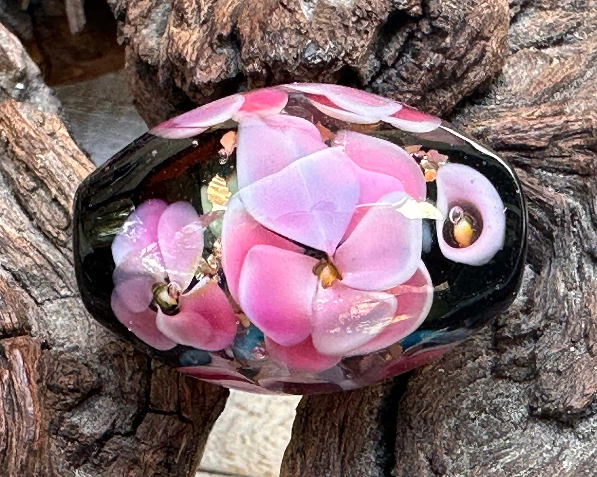 Pink Floral Mica Lampwork Focal Bead SRA