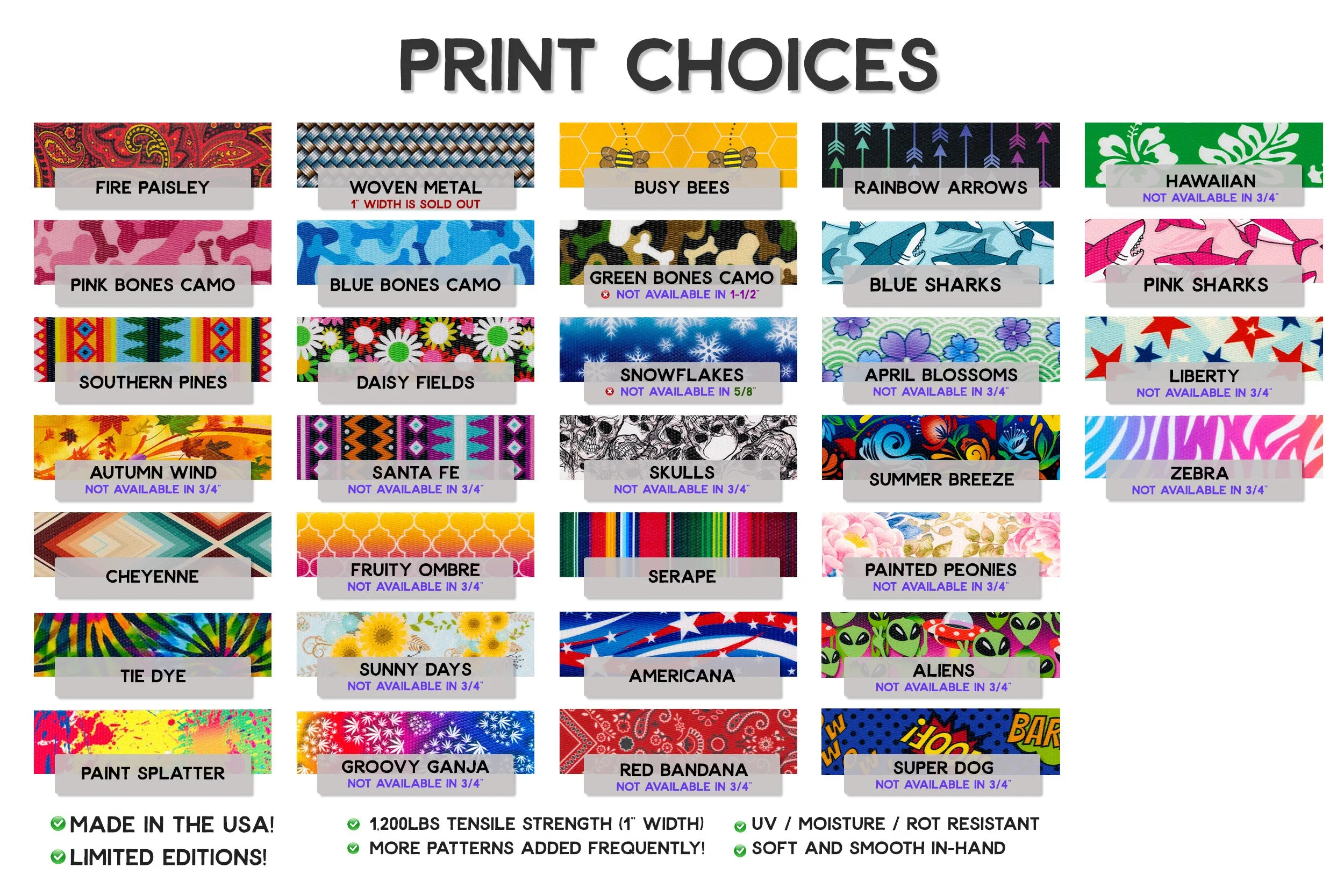 PRINTS - Leashes | 20 vibrant prints | 3 widths