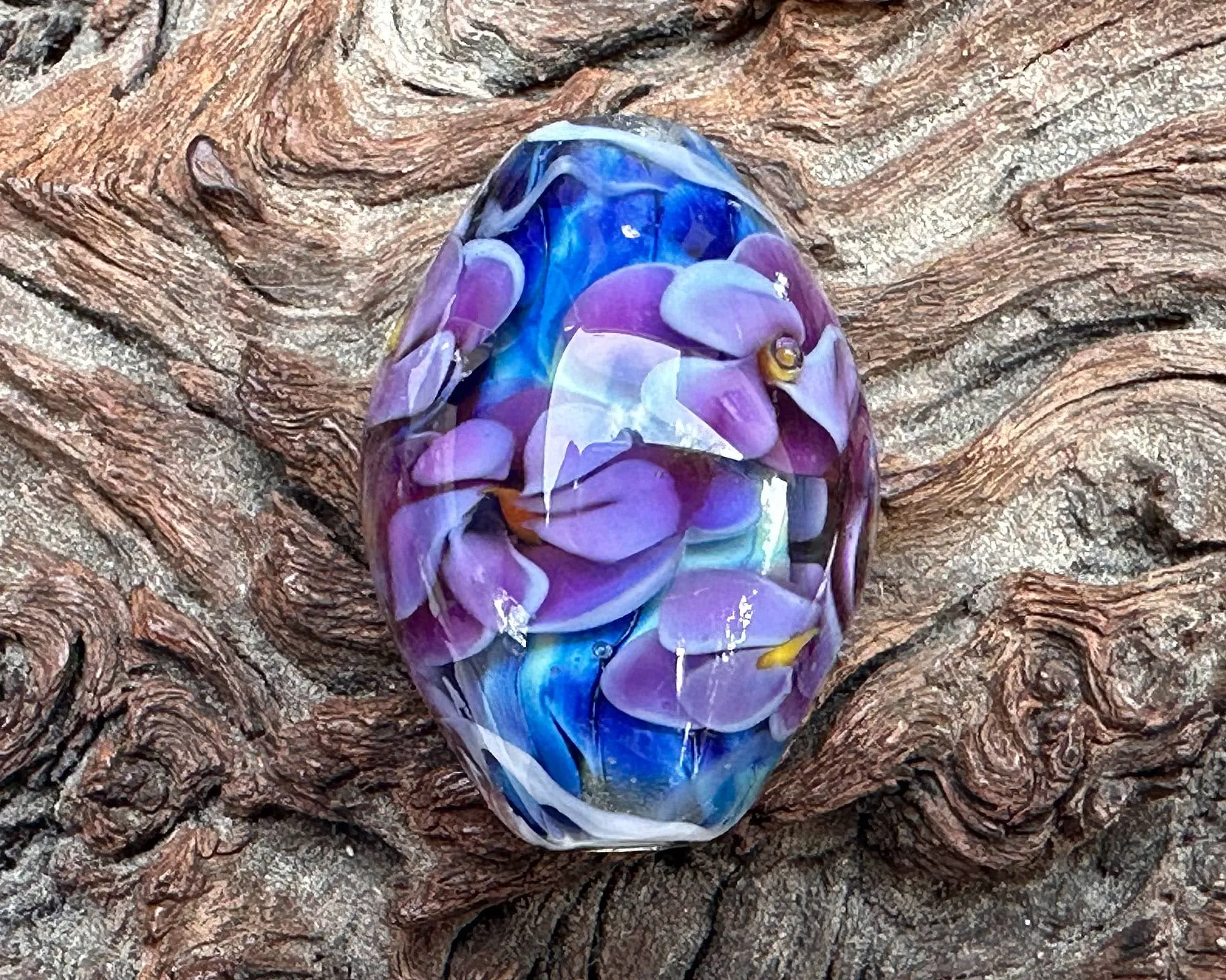 Purple Floral Blue Lampwork Focal Bead SRA
