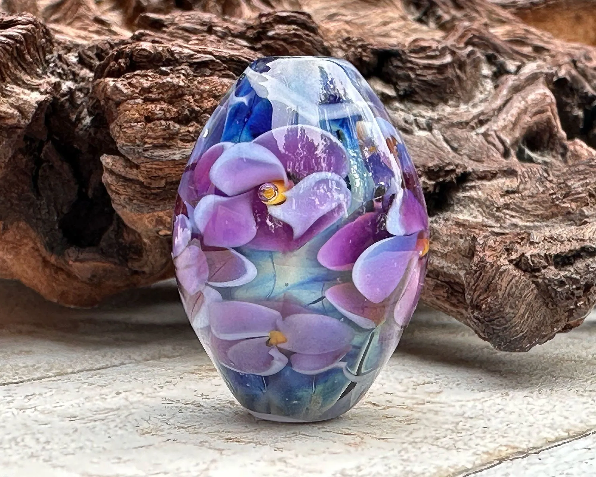 Purple Floral Blue Lampwork Focal Bead SRA