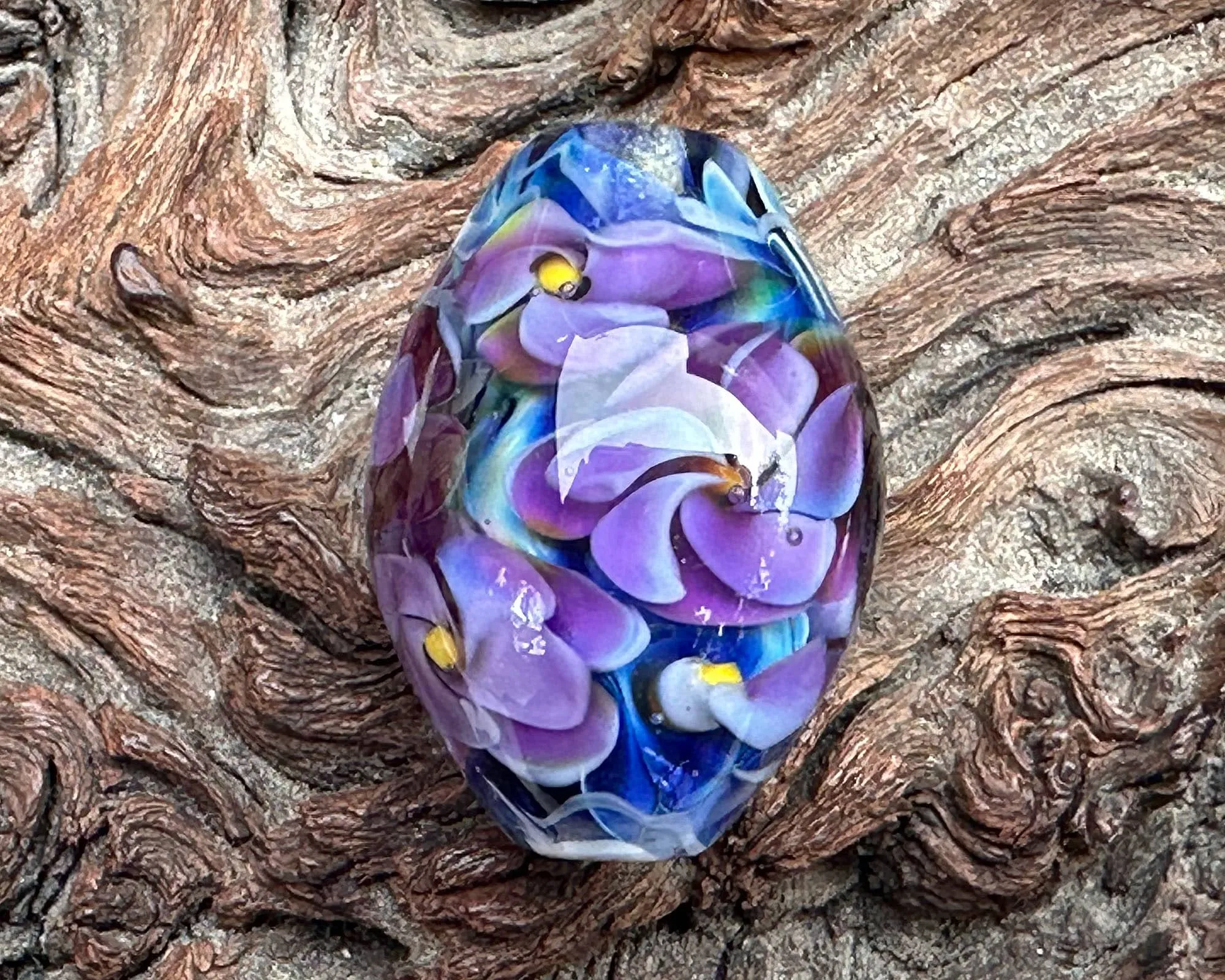 Purple Floral Blue Lampwork Focal Bead SRA