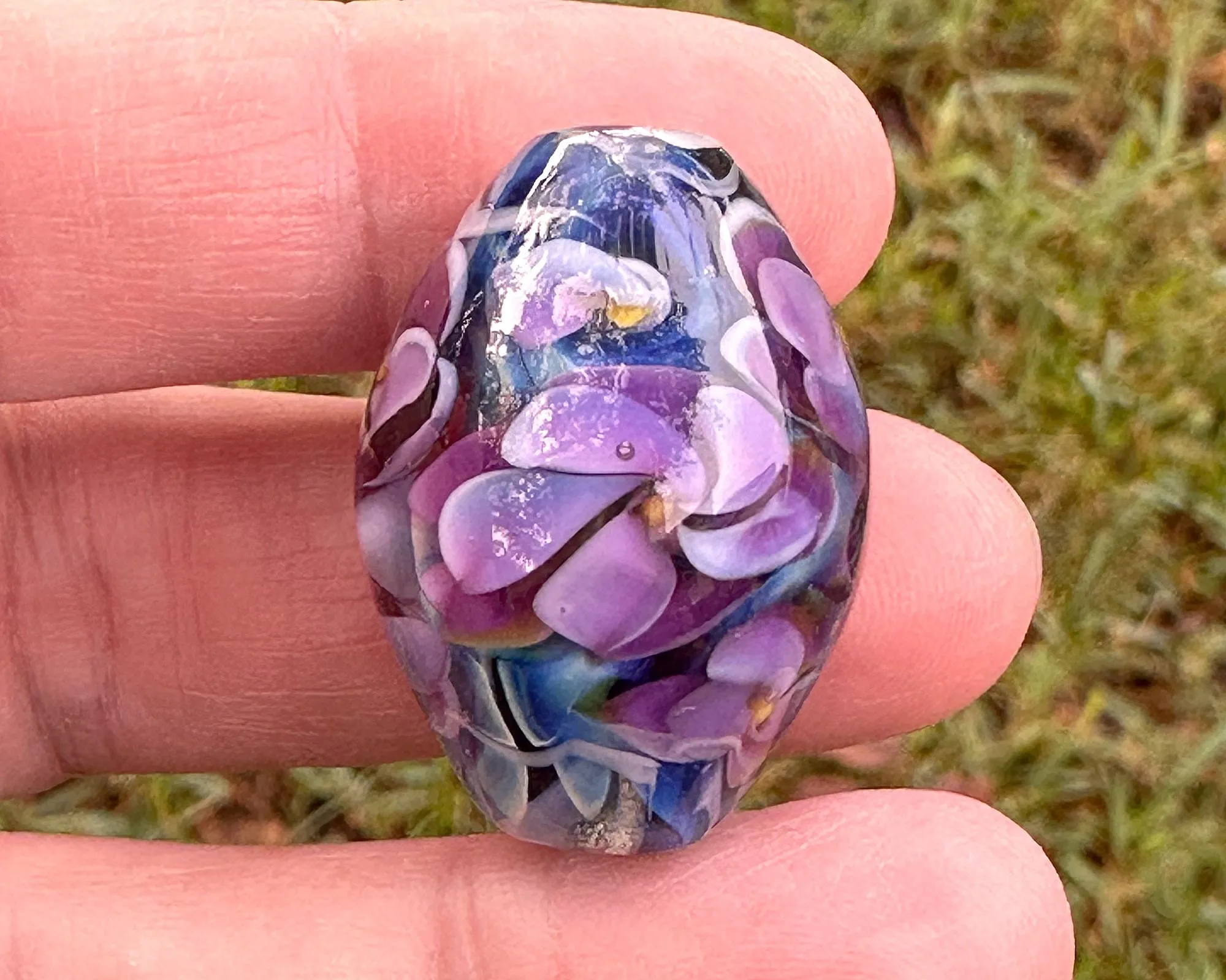 Purple Floral Blue Lampwork Focal Bead SRA