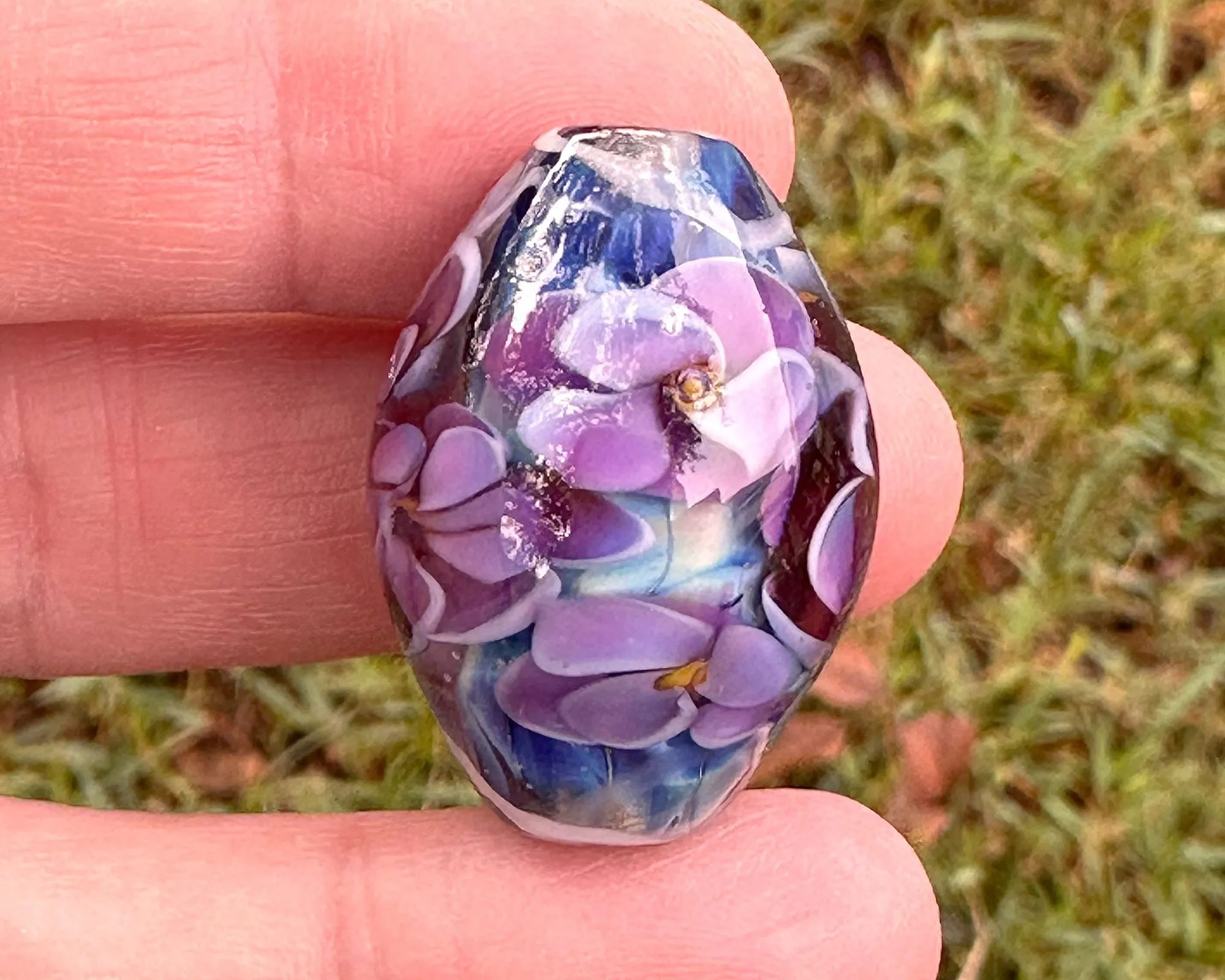 Purple Floral Blue Lampwork Focal Bead SRA