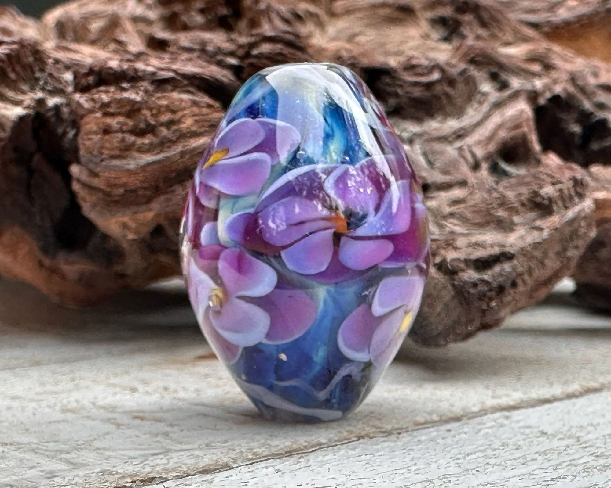 Purple Floral Blue Lampwork Focal Bead SRA