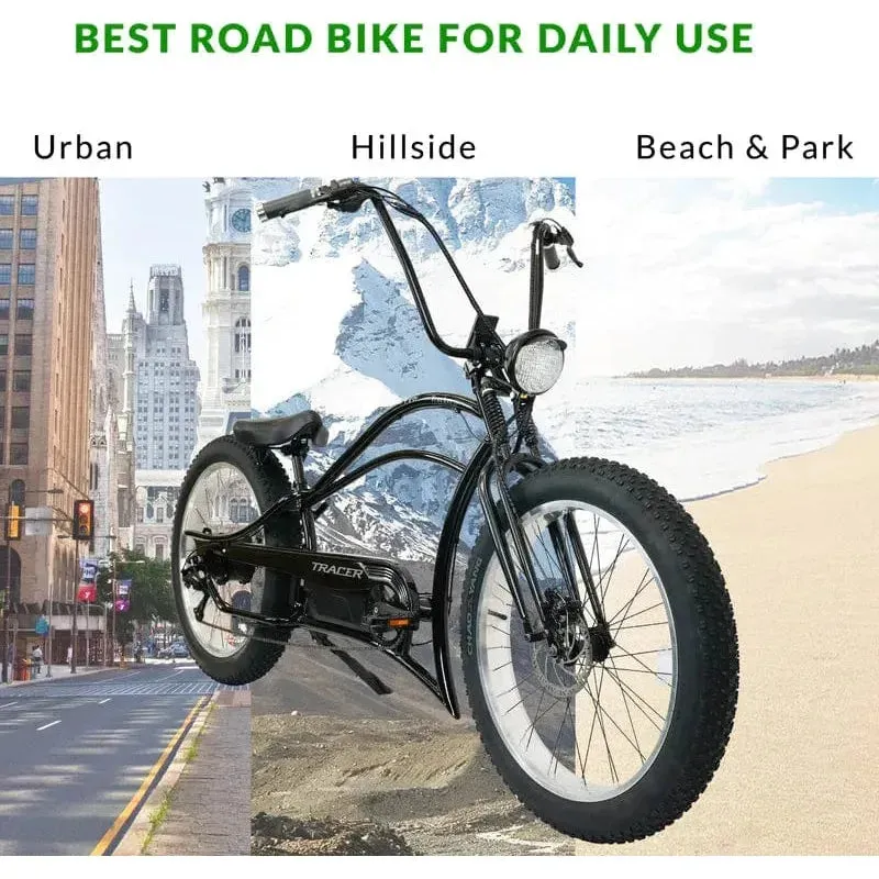 Tracer Tracker DS7 26" 7 Speed Stretch E-Bike with Classic Dual Springer Fork - 800 Watt, 48V