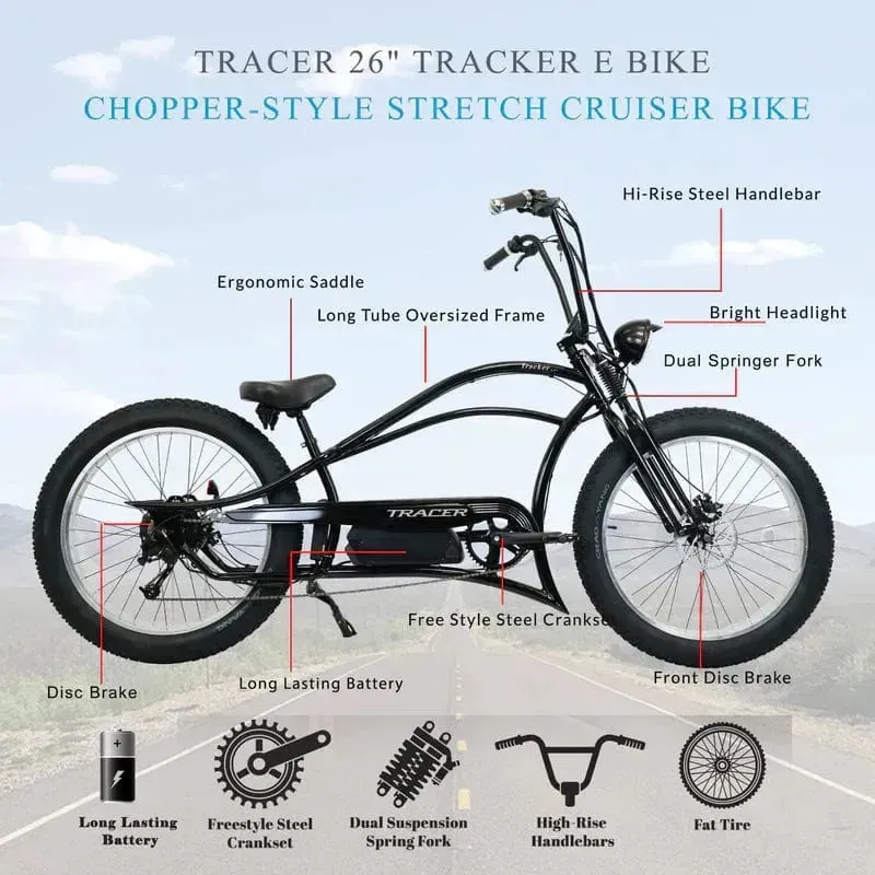 Tracer Tracker DS7 26" 7 Speed Stretch E-Bike with Classic Dual Springer Fork - 800 Watt, 48V