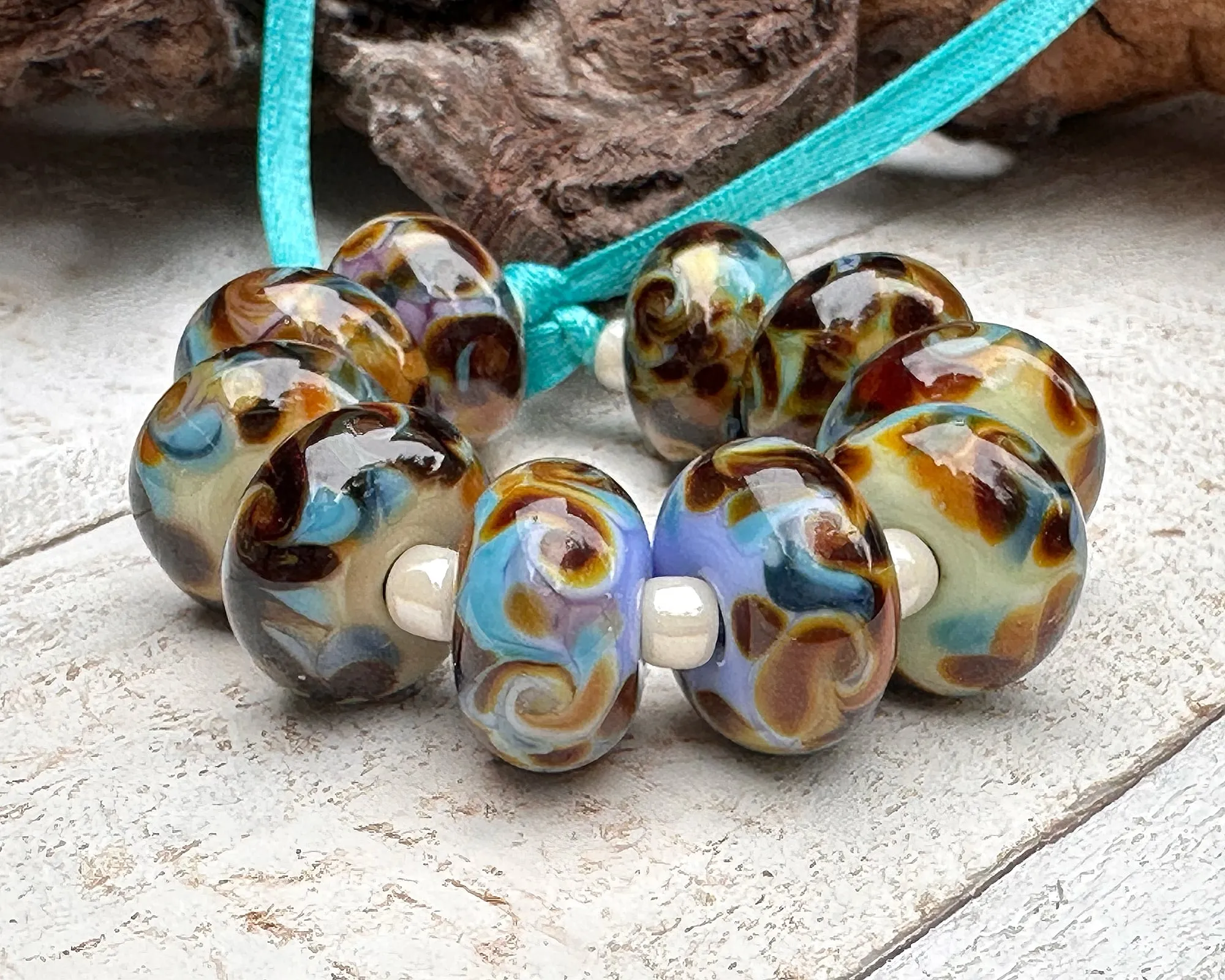 Turquoise Brown Swirls Lampwork Beads Set SRA