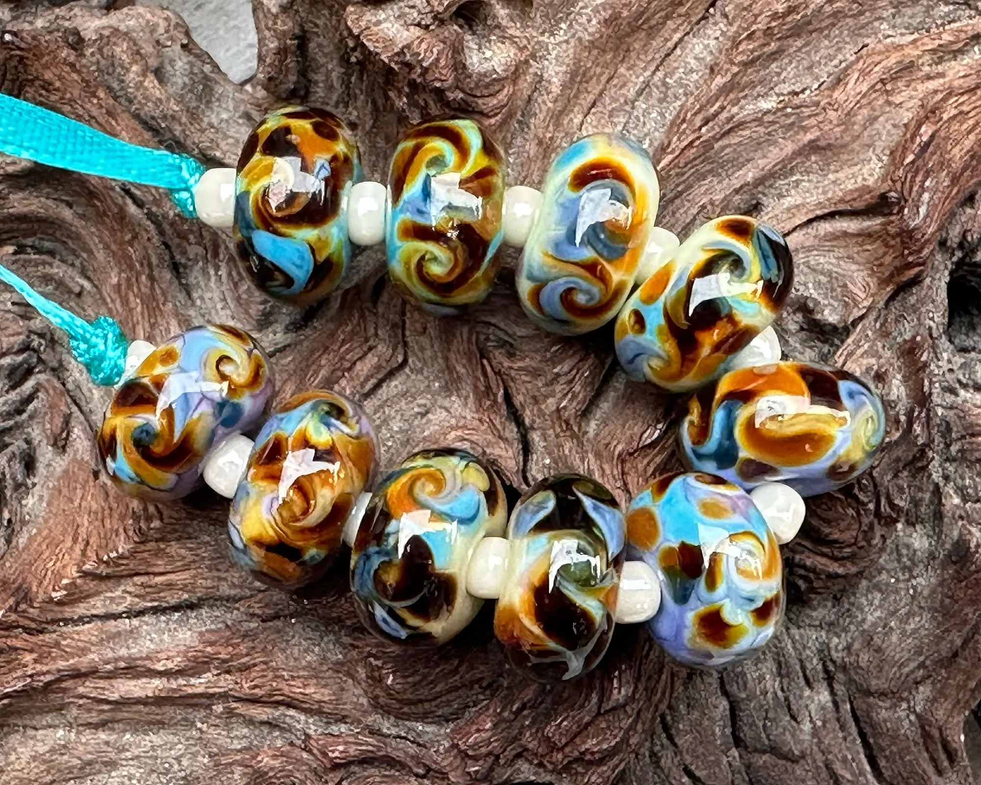 Turquoise Brown Swirls Lampwork Beads Set SRA