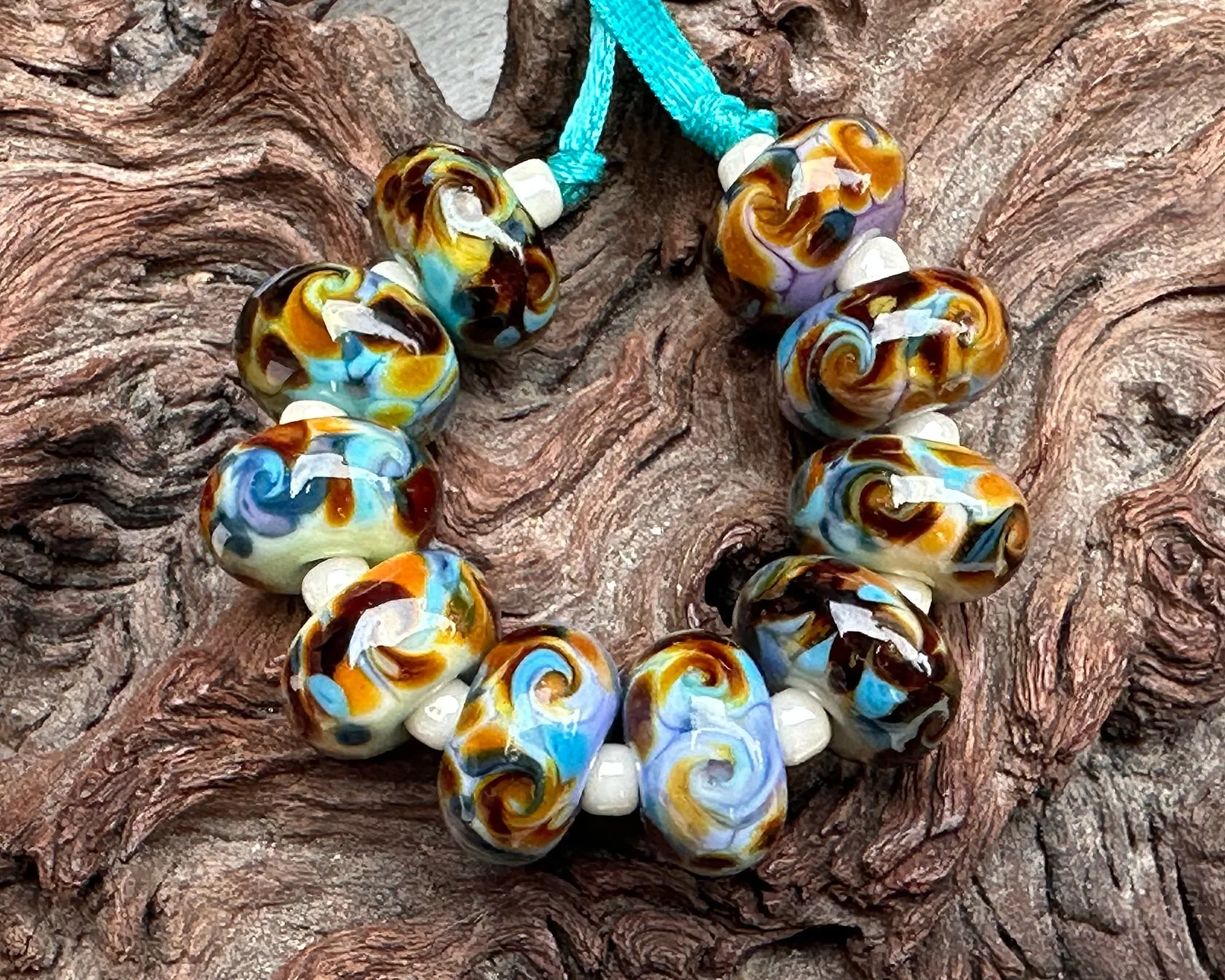 Turquoise Brown Swirls Lampwork Beads Set SRA