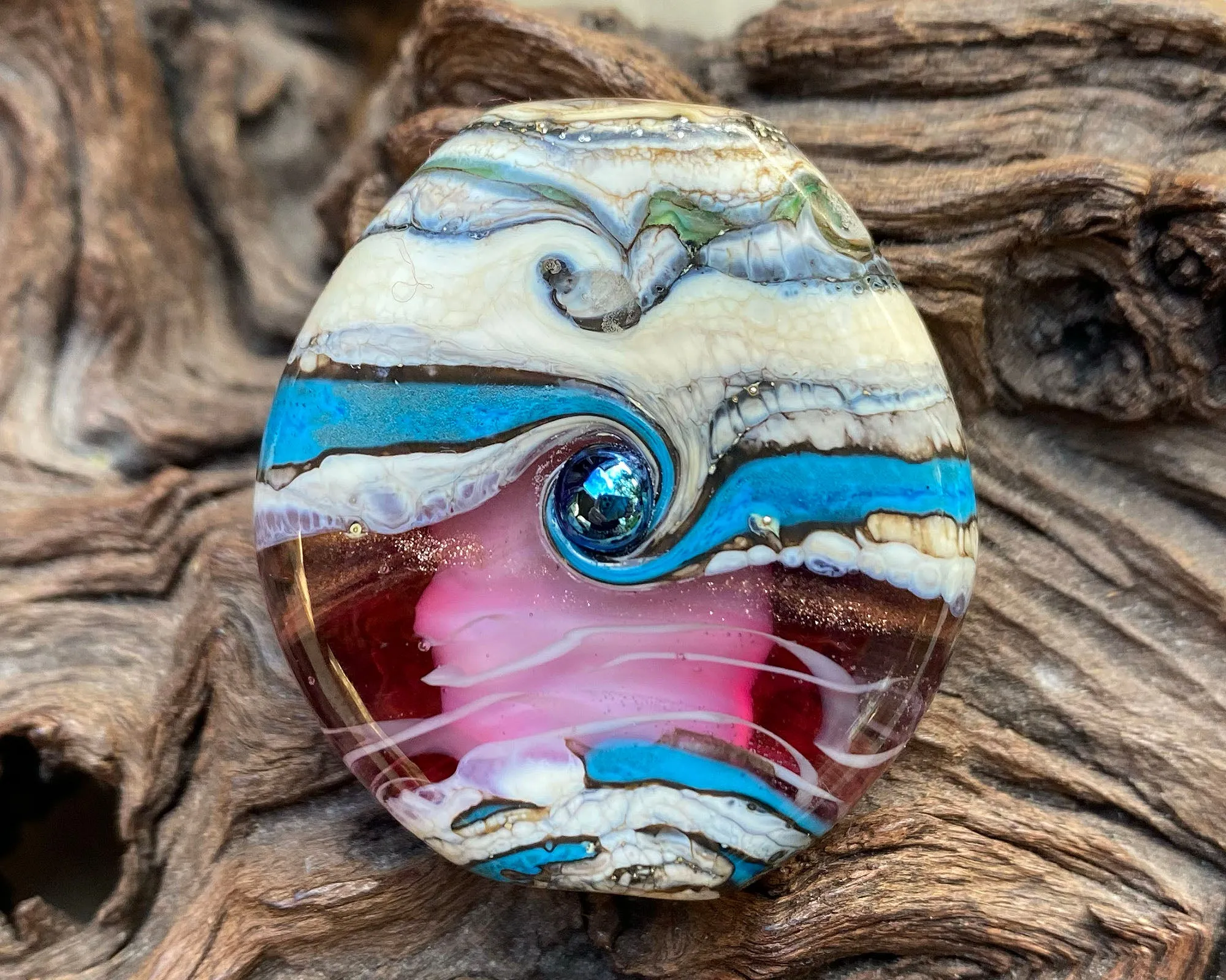 Turquoise Pink Organic Lampwork Focal Bead SRA