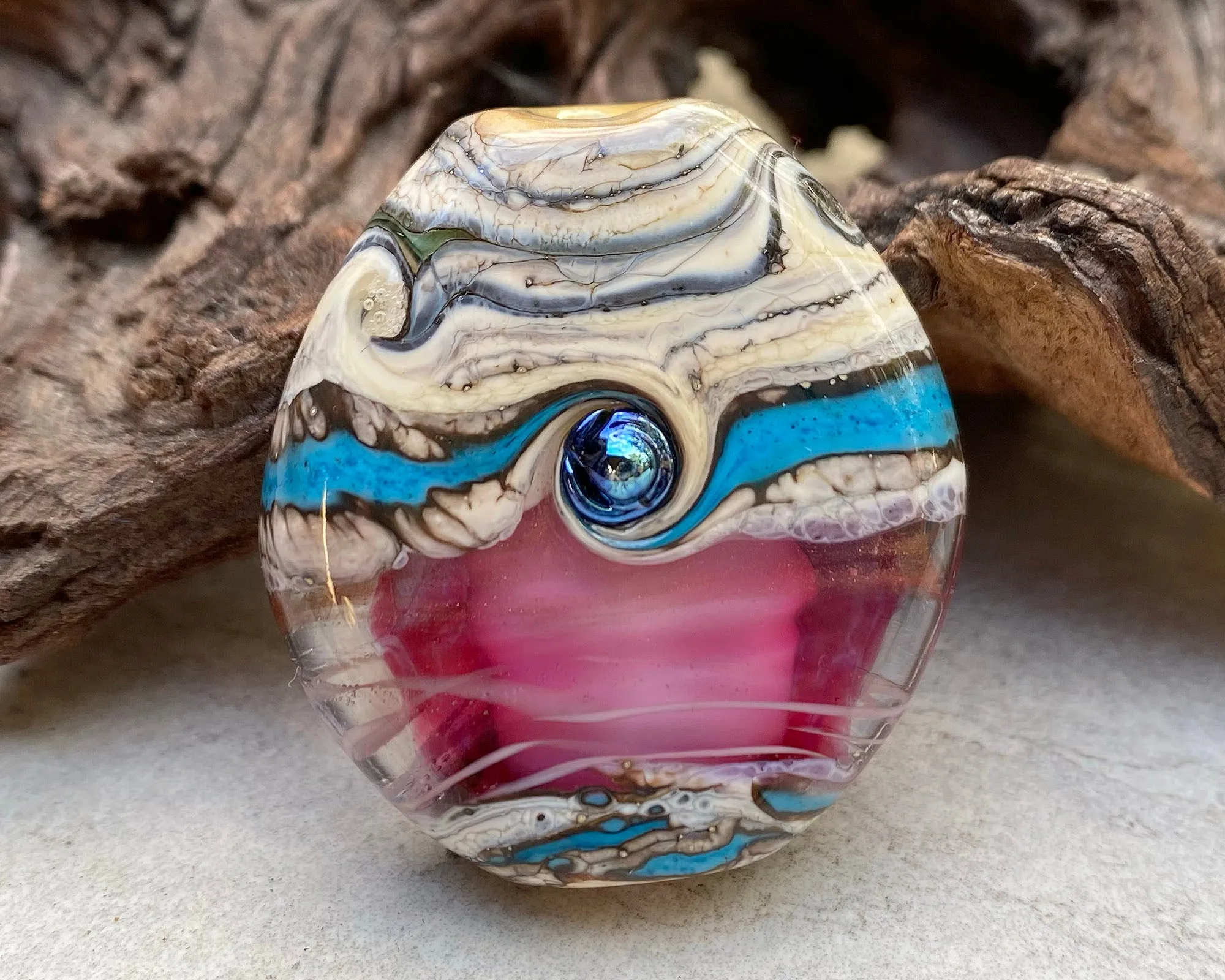 Turquoise Pink Organic Lampwork Focal Bead SRA