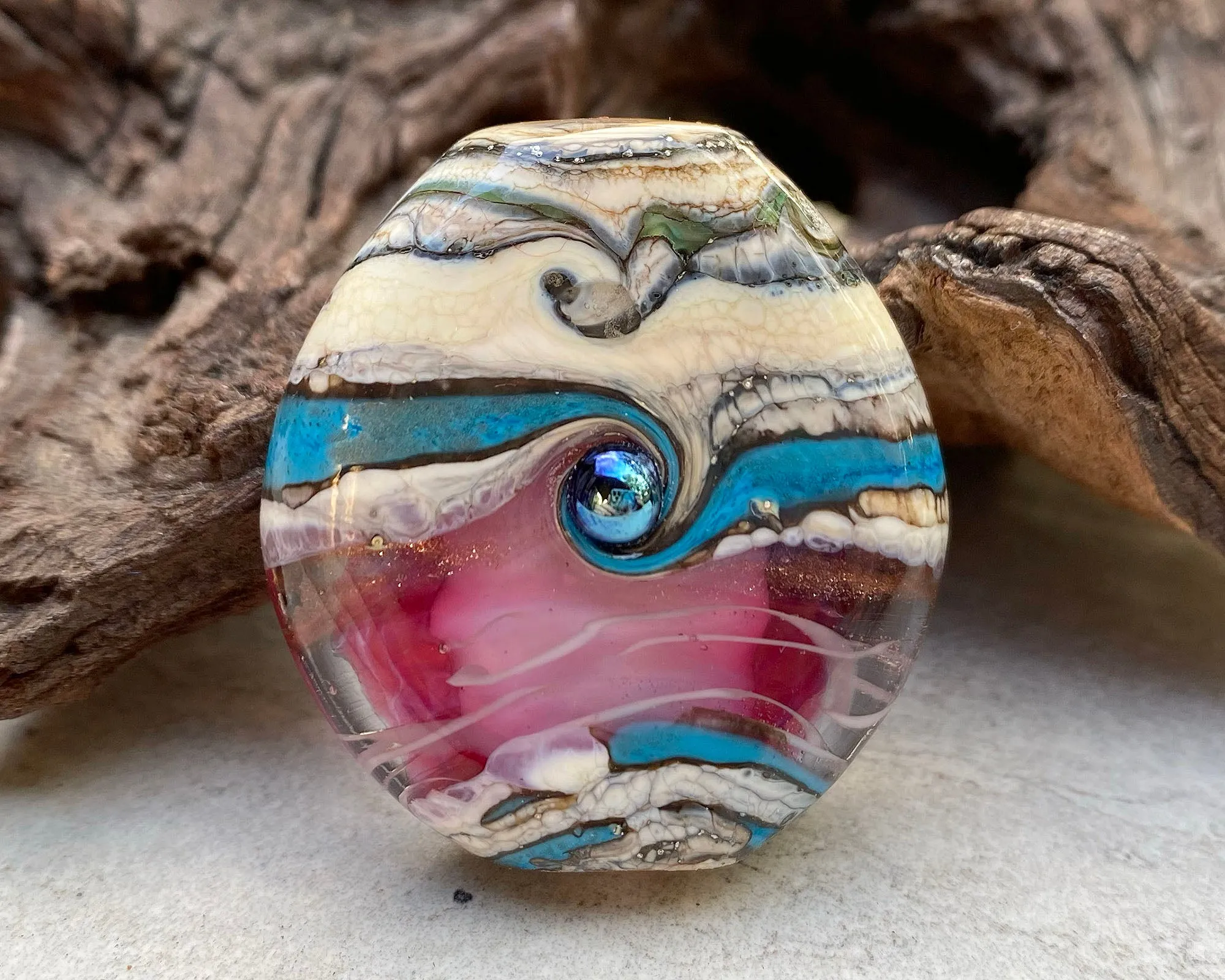 Turquoise Pink Organic Lampwork Focal Bead SRA