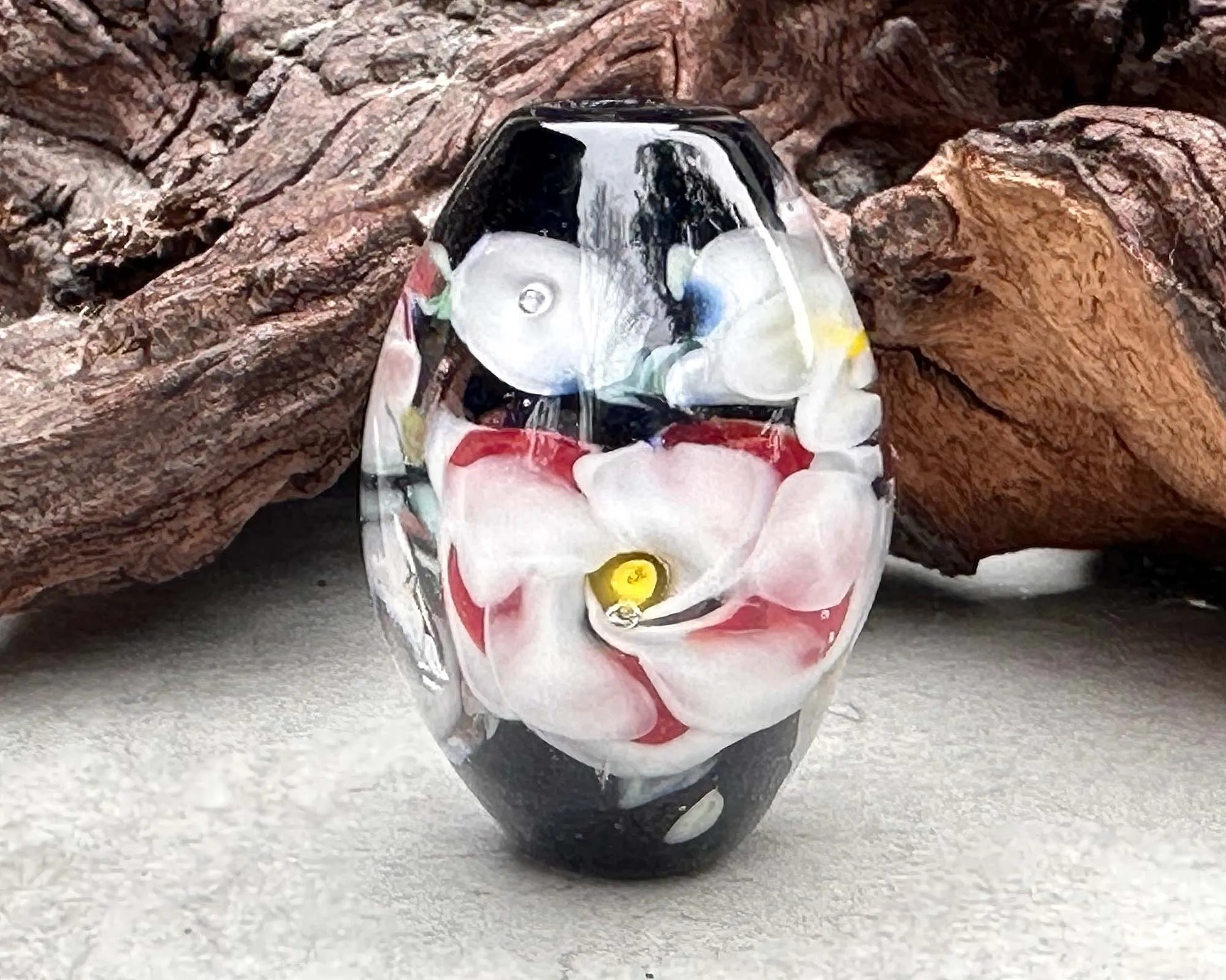 White & Red Floral Lampwork Focal Bead SRA